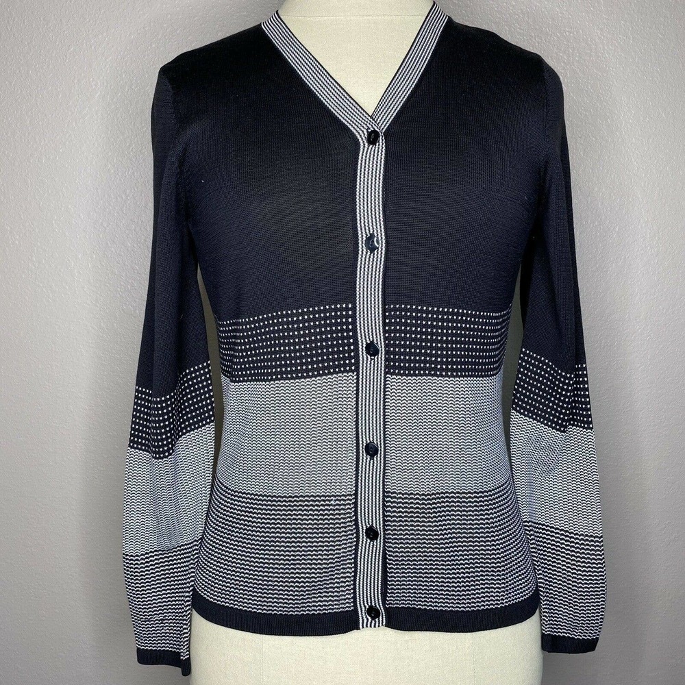 Talbots Petite Black & White Striped Silk Knit Cardigan Sweater Sz P